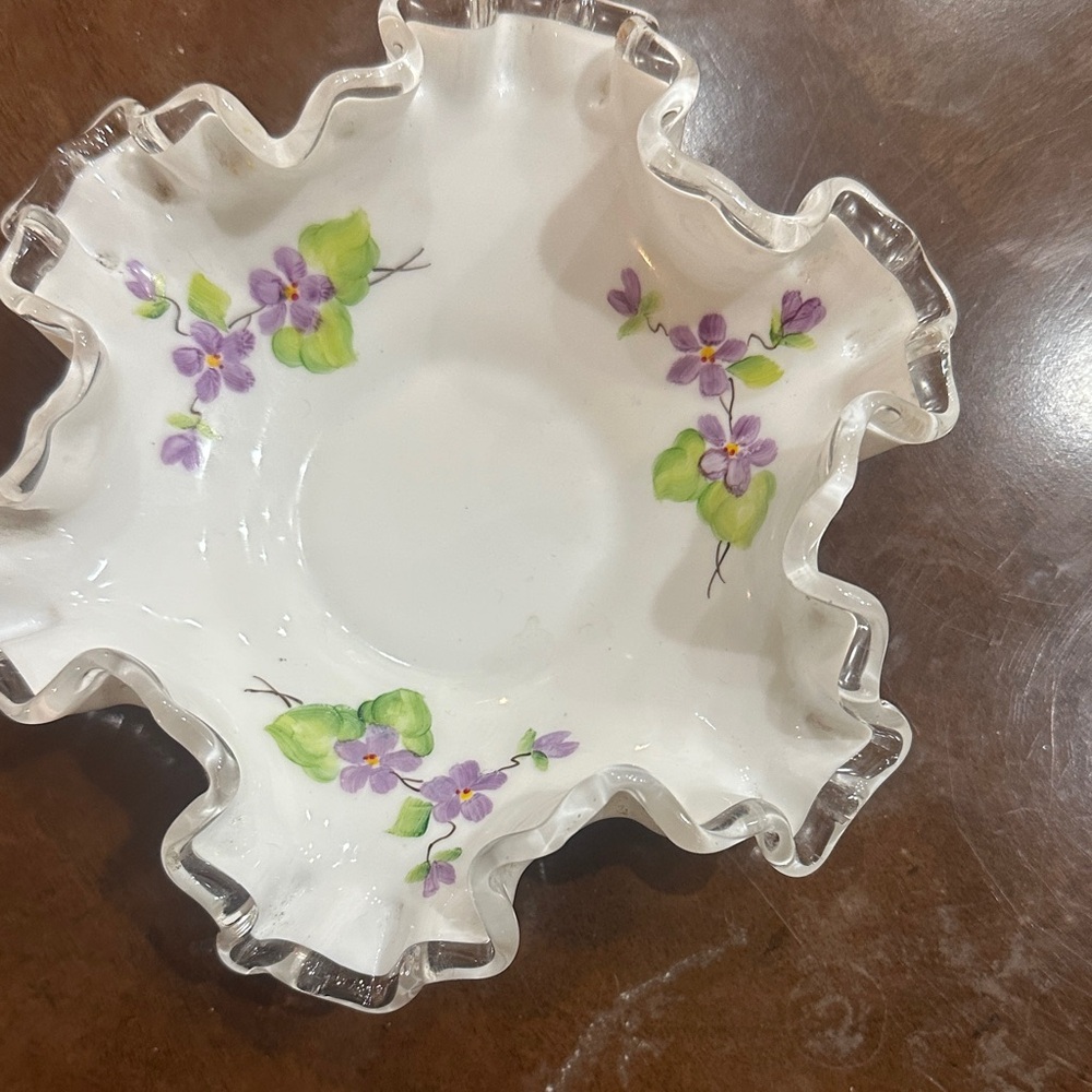 Fenton "Violets in the Snow" Hand Painted Fenton Milk Glass 6 inch dish